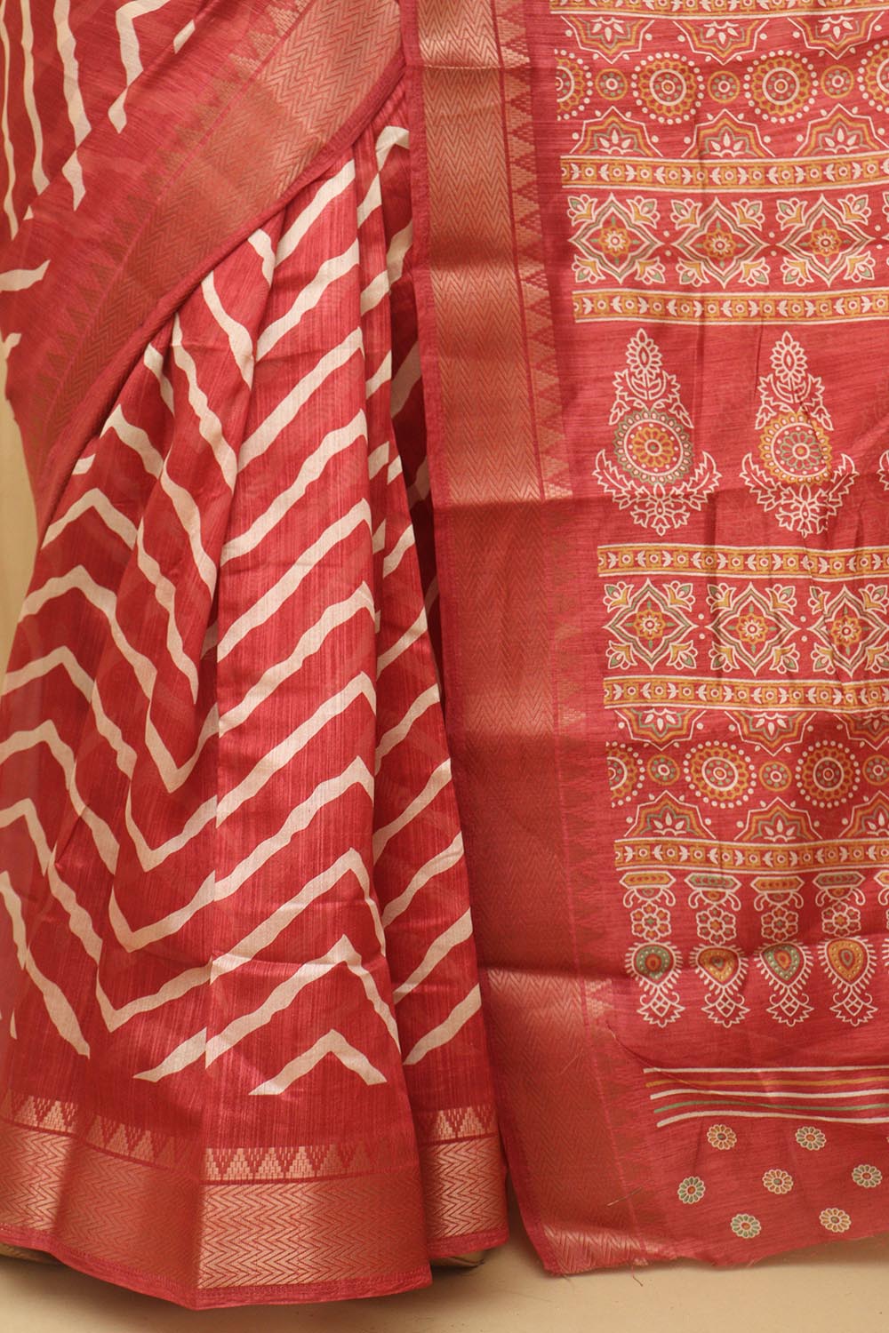Vibrant Red Leheriya Print Tussar Cotton Silk Saree