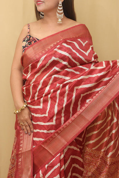 Vibrant Red Leheriya Print Tussar Cotton Silk Saree