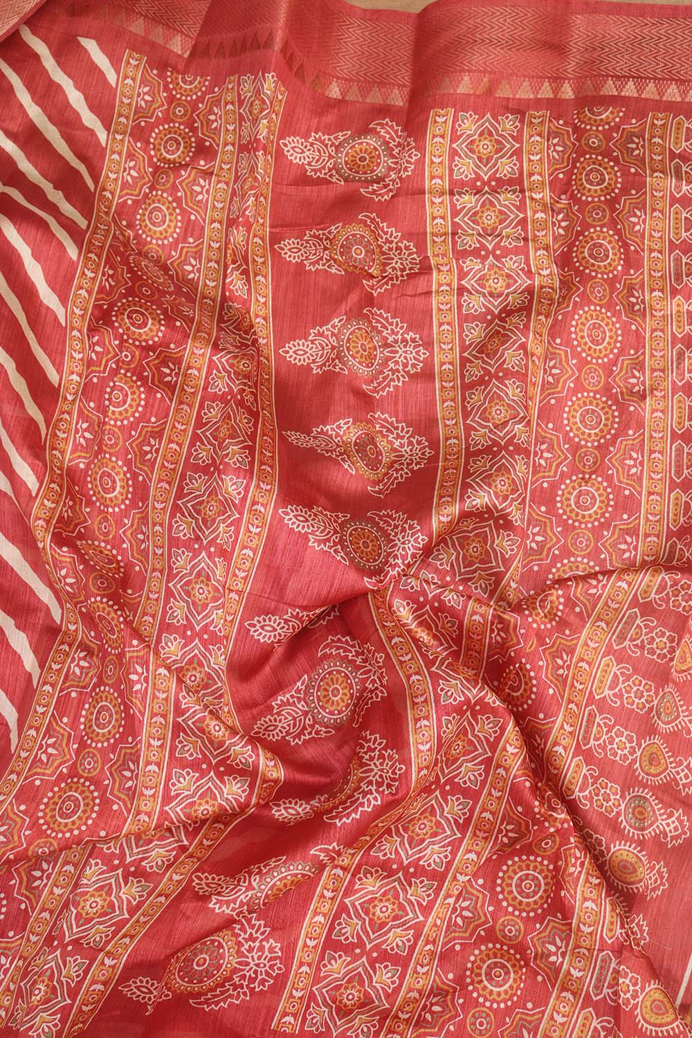 Vibrant Red Leheriya Print Tussar Cotton Silk Saree