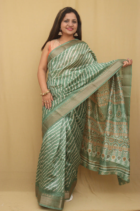 Stunning Green Leheriya Print Tussar Silk Saree