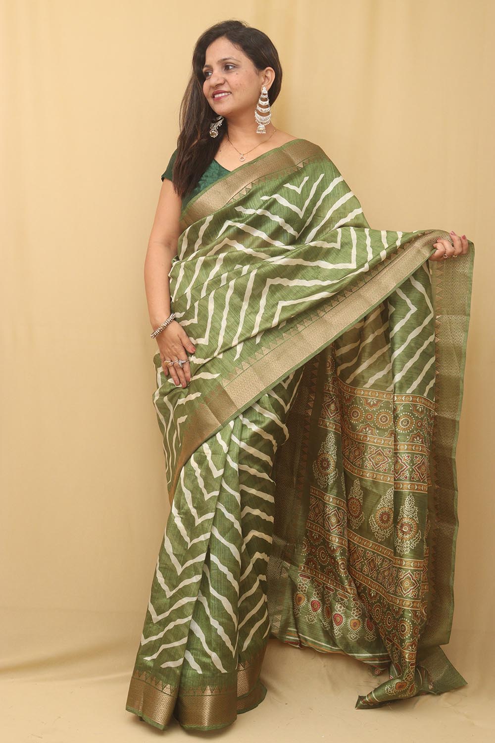 Green Leheriya Print Tussar Cotton Silk Saree