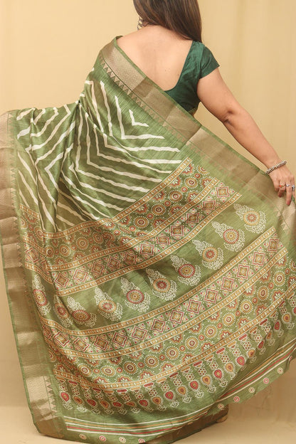 Green Leheriya Print Tussar Cotton Silk Saree