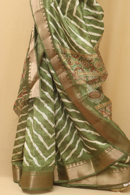 Green Leheriya Print Tussar Cotton Silk Saree