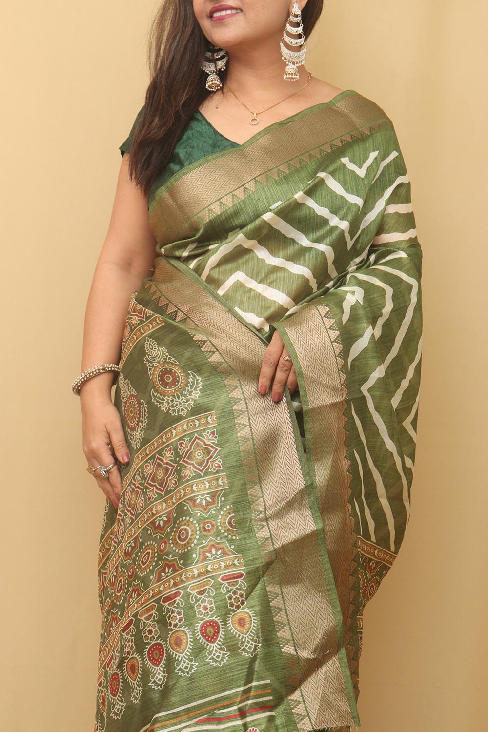 Green Leheriya Print Tussar Cotton Silk Saree