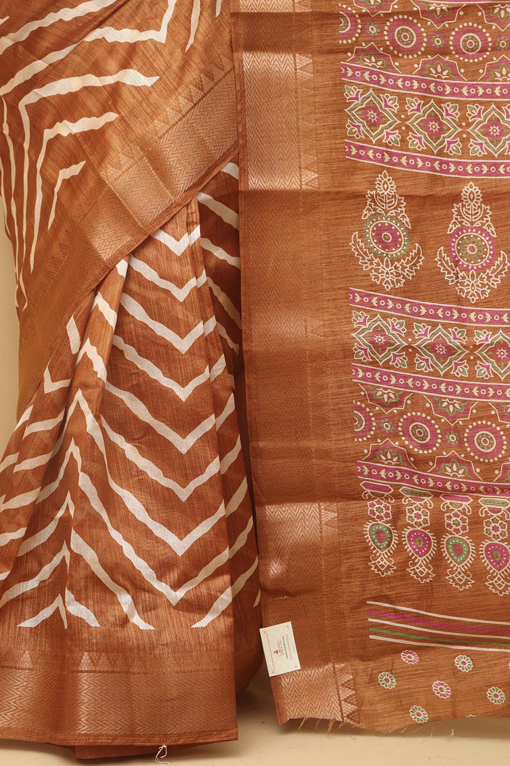 Brown Leheriya Print Tussar Cotton Silk Saree