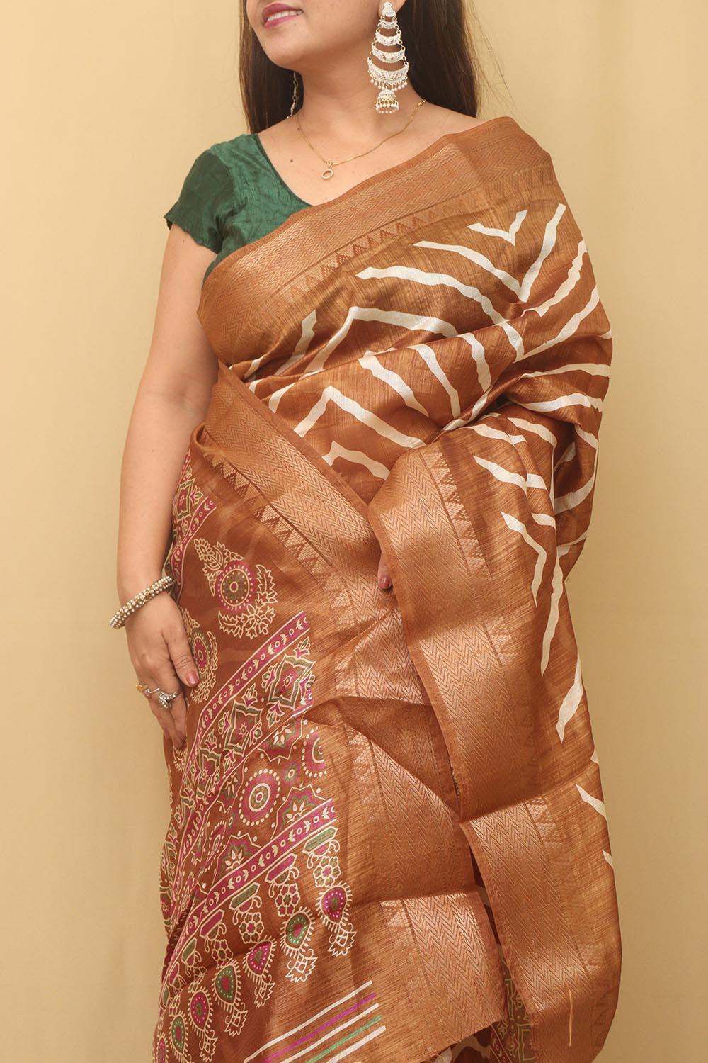 Brown Leheriya Print Tussar Cotton Silk Saree