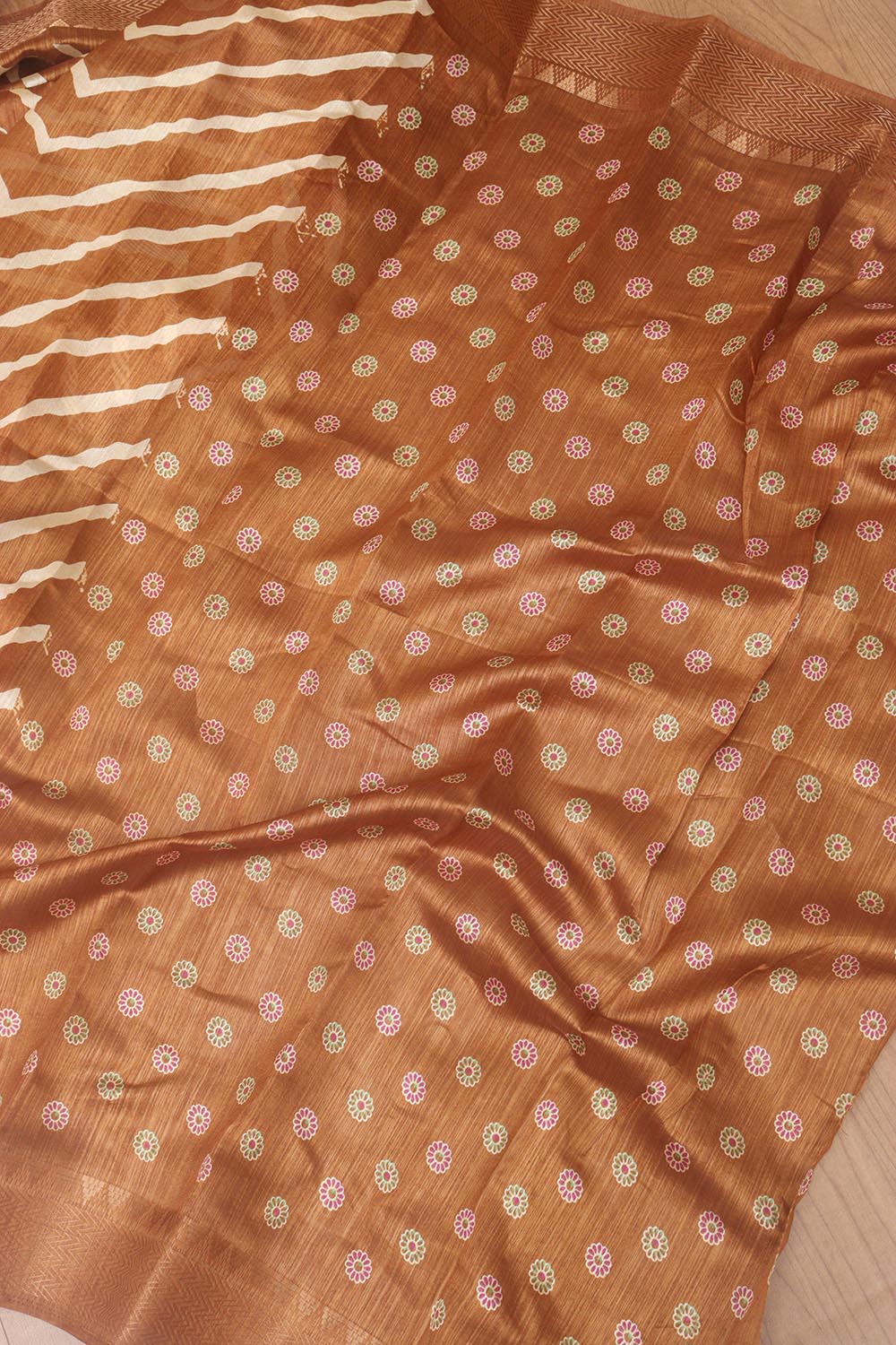 Brown Leheriya Print Tussar Cotton Silk Saree