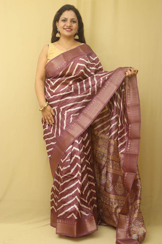 Stunning Purple Leheriya Print Tussar Saree