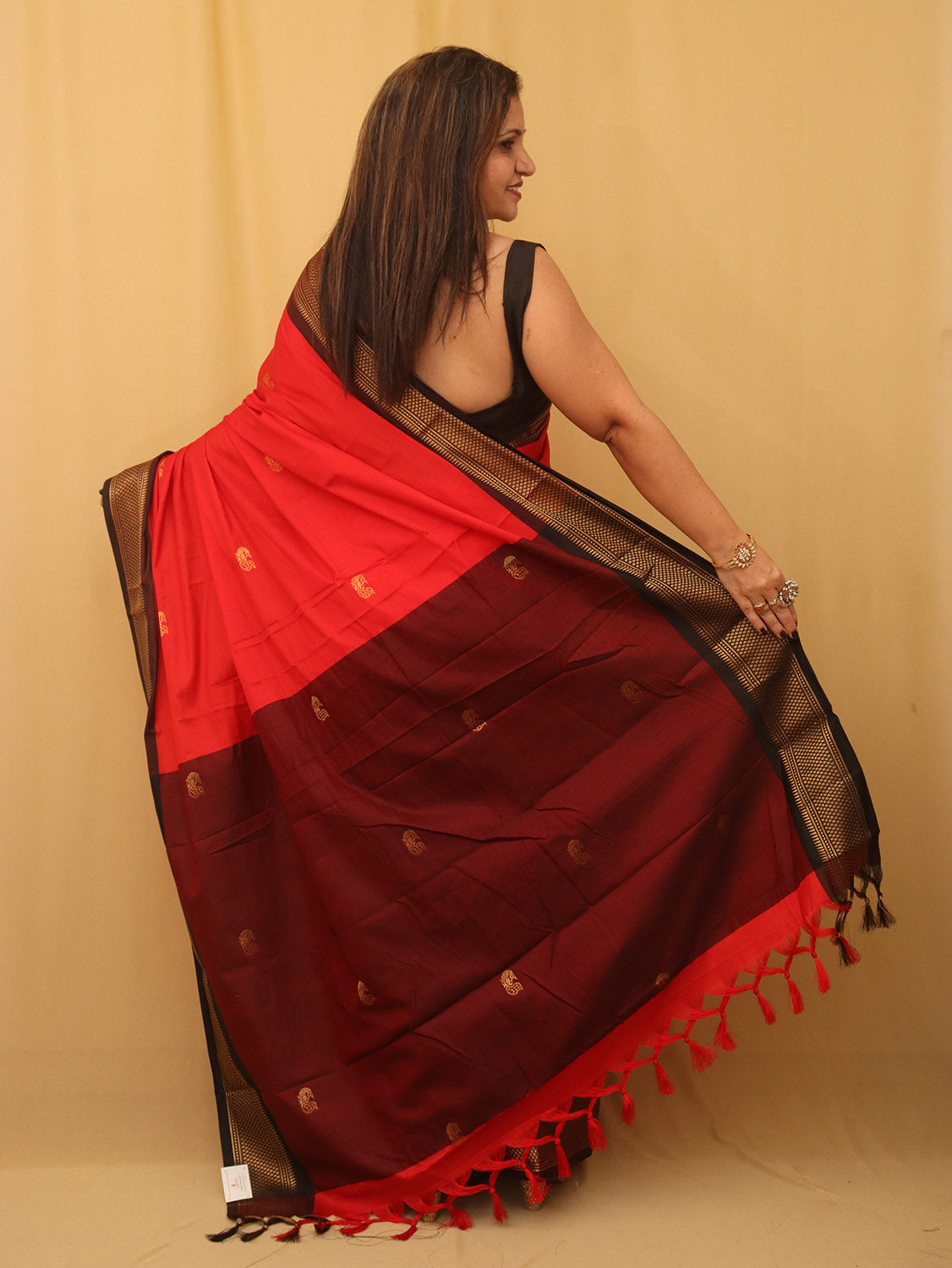 Red And Black Paithani Cotton Silk Saree - divyaindia 