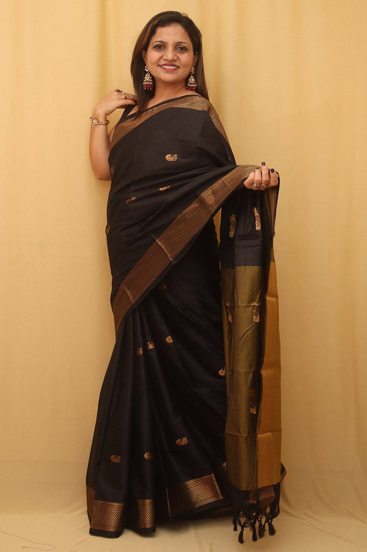 Golden And Black Paithani Cotton Silk Saree - divyaindia 