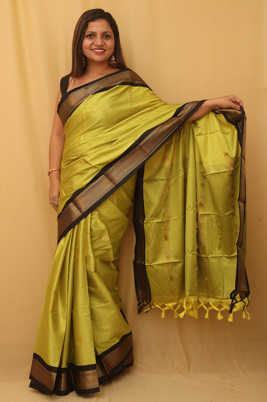 Green And Black Paithani Cotton Silk Saree - divyaindia 