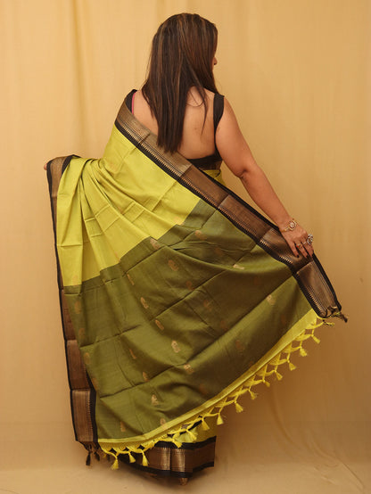 Green And Black Paithani Cotton Silk Saree - divyaindia 