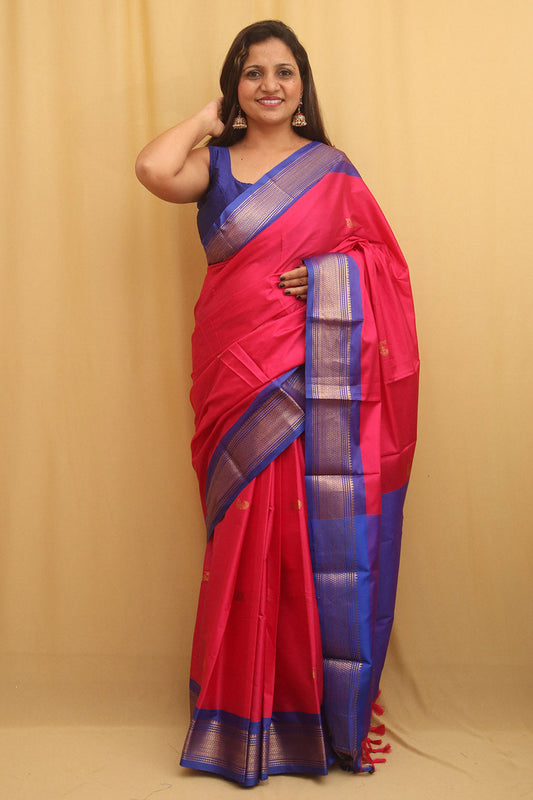 Pink And Blue Paithani Cotton Silk Saree - divyaindia 