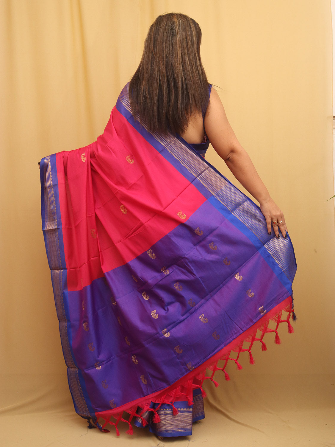 Pink And Blue Paithani Cotton Silk Saree - divyaindia 