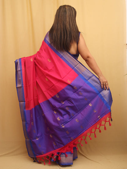 Pink And Blue Paithani Cotton Silk Saree - divyaindia 