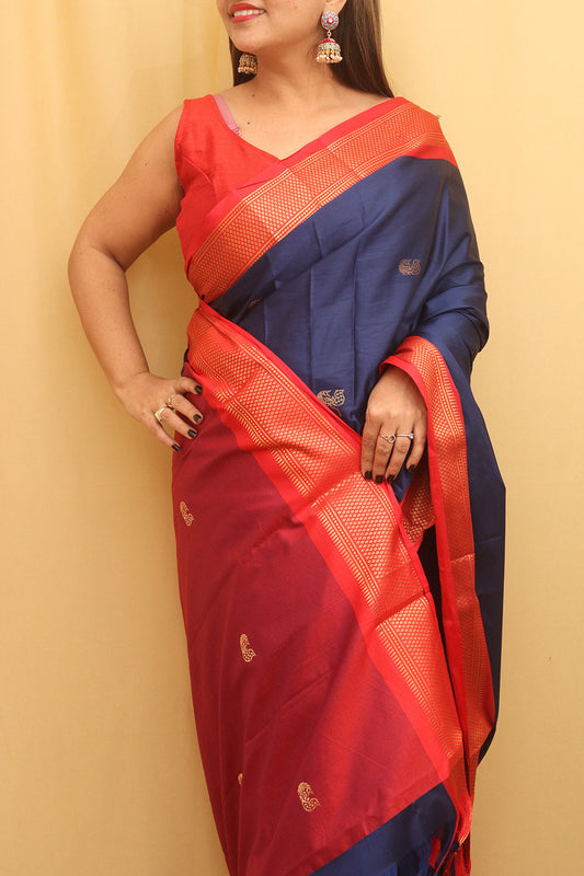 Blue And Red Paithani Cotton Silk Saree - divyaindia 