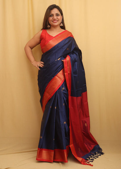 Blue And Red Paithani Cotton Silk Saree - divyaindia 