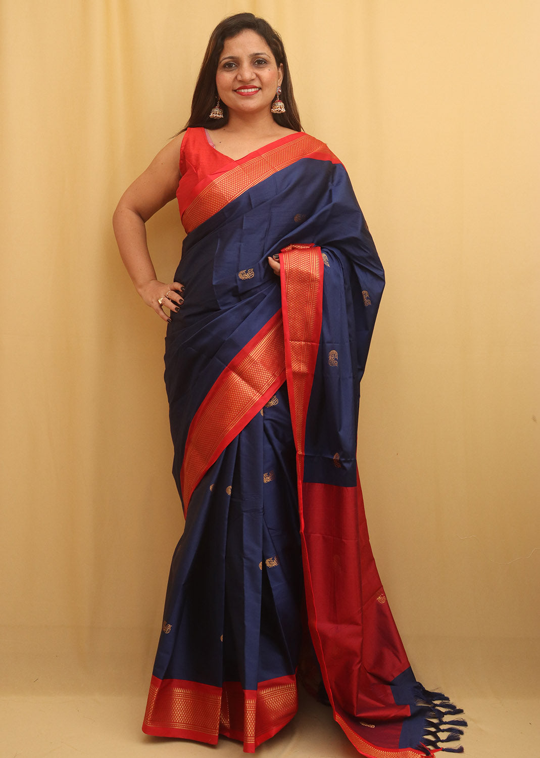 Blue And Red Paithani Cotton Silk Saree - divyaindia 