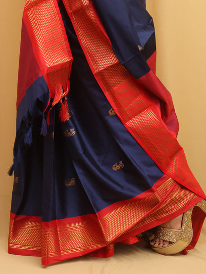 Blue And Red Paithani Cotton Silk Saree - divyaindia 