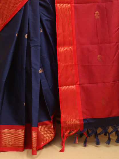 Blue And Red Paithani Cotton Silk Saree - divyaindia 