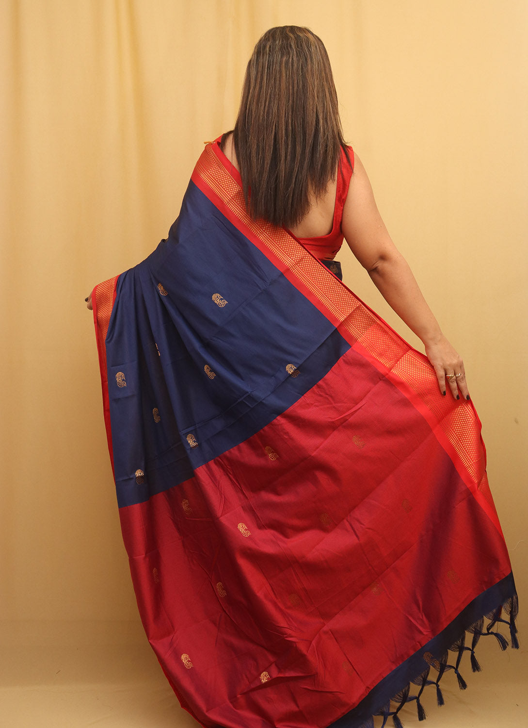 Blue And Red Paithani Cotton Silk Saree - divyaindia 