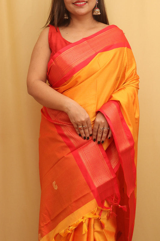 Orange And Red Paithani Cotton Silk Saree - divyaindia 