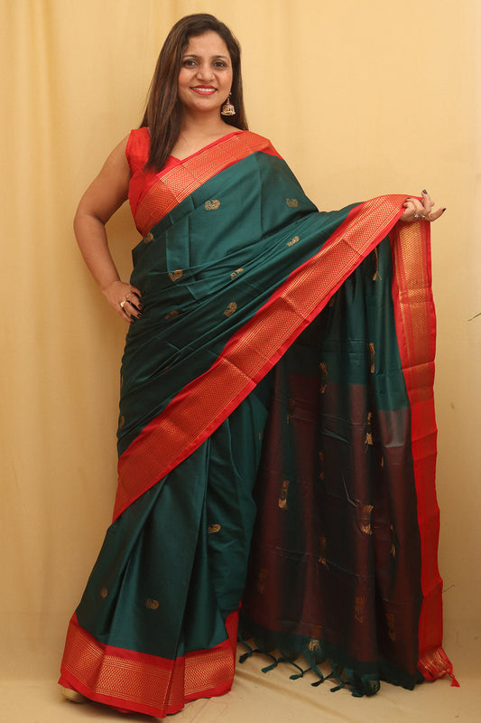 Green And Red Paithani Cotton Silk Saree - divyaindia 