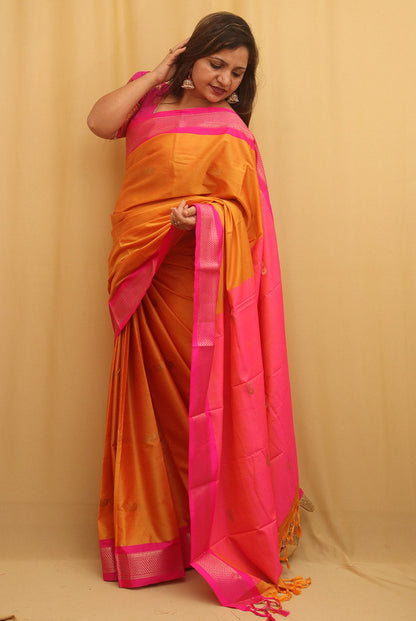 Orange And Pink Paithani Cotton Silk Saree - divyaindia 