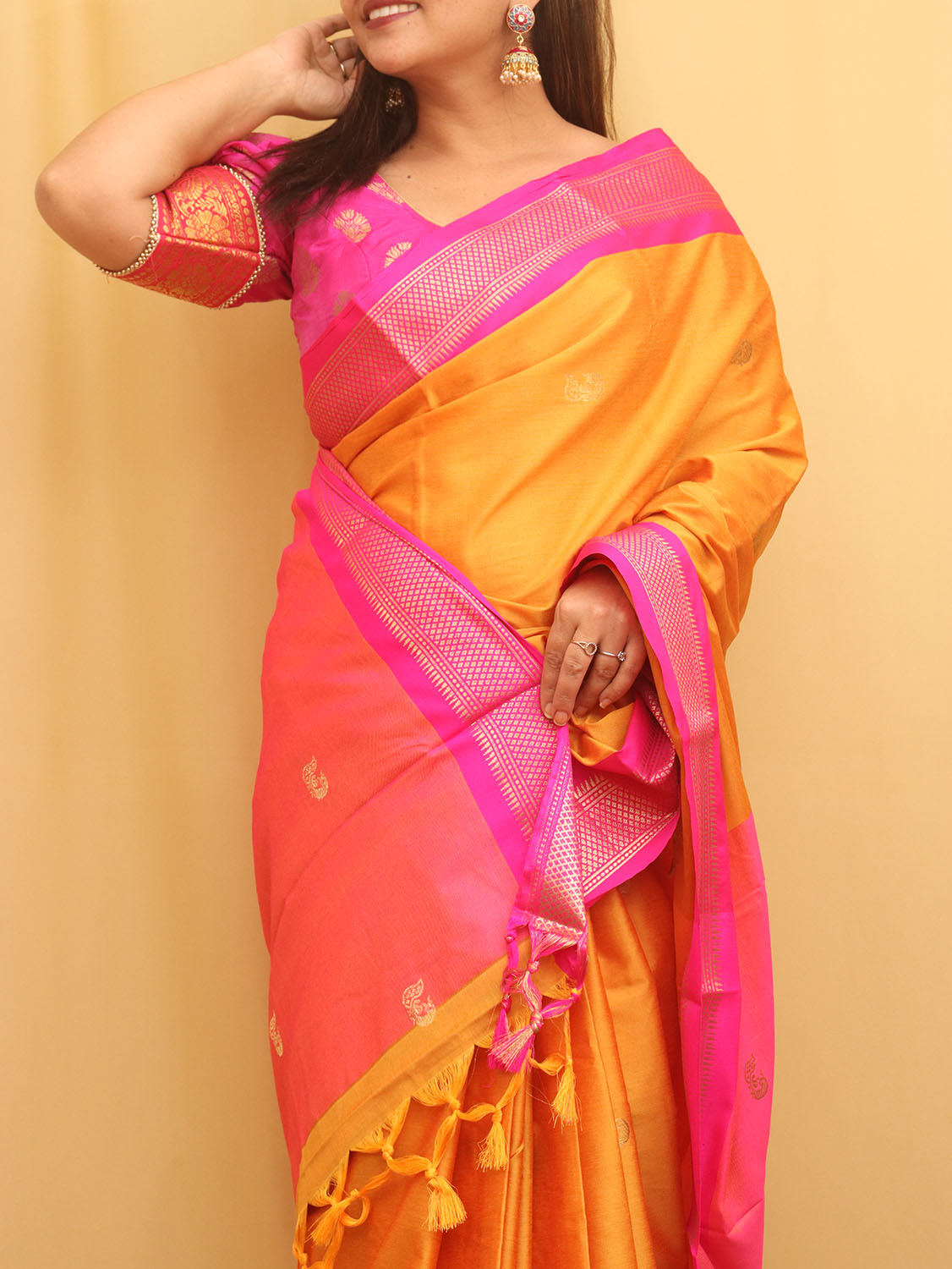 Orange And Pink Paithani Cotton Silk Saree - divyaindia 