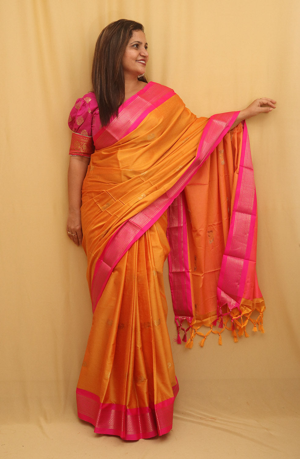 Orange And Pink Paithani Cotton Silk Saree - divyaindia 