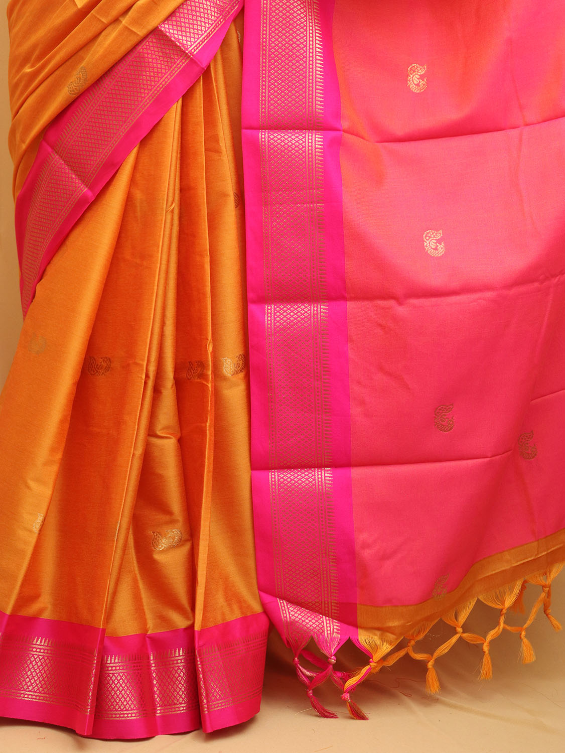 Orange And Pink Paithani Cotton Silk Saree - divyaindia 