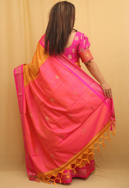 Orange And Pink Paithani Cotton Silk Saree - divyaindia 