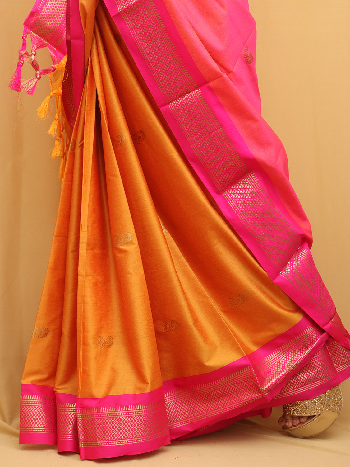 Orange And Pink Paithani Cotton Silk Saree - divyaindia 