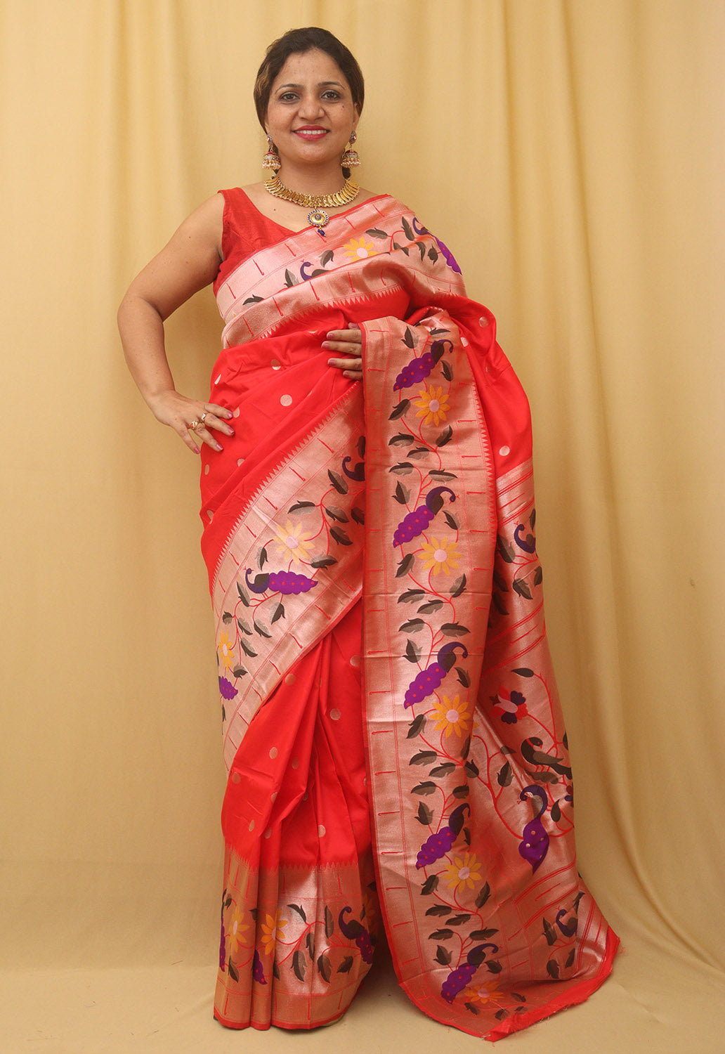 Red Paithani Silk Bird And Flower Design Saree - divyaindia 