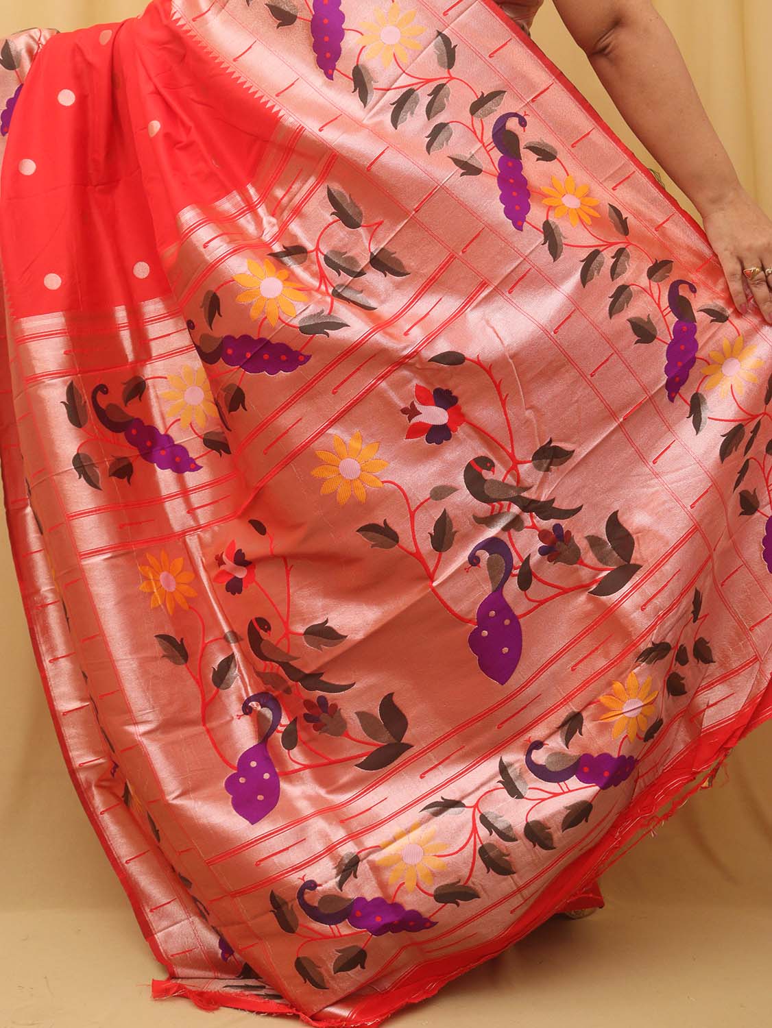 Red Paithani Silk Bird And Flower Design Saree - divyaindia 