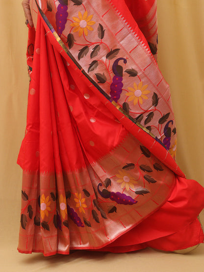 Red Paithani Silk Bird And Flower Design Saree - divyaindia 