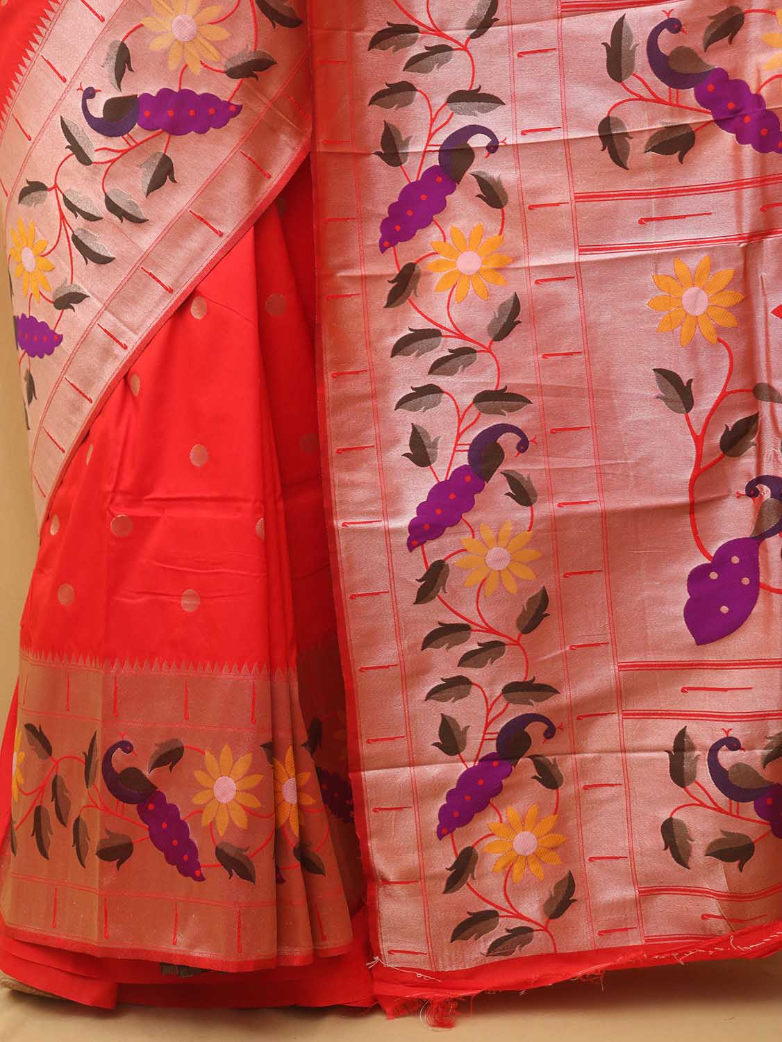 Red Paithani Silk Bird And Flower Design Saree - divyaindia 