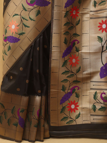 Black Paithani Silk Bird And Flower Design Saree - divyaindia 