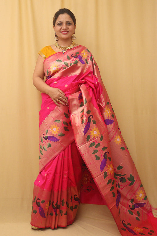 Pink Paithani Silk Bird And Flower Design Saree - divyaindia 
