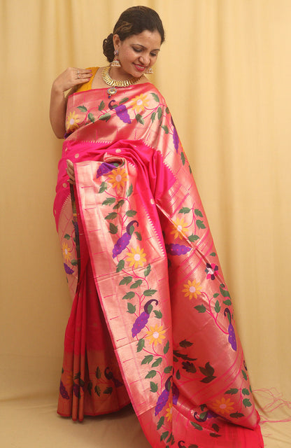 Pink Paithani Silk Bird And Flower Design Saree - divyaindia 