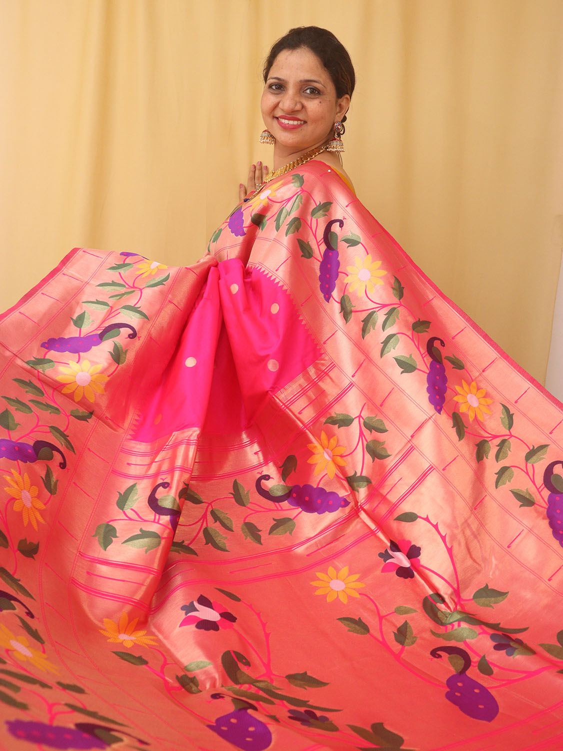 Pink Paithani Silk Bird And Flower Design Saree - divyaindia 