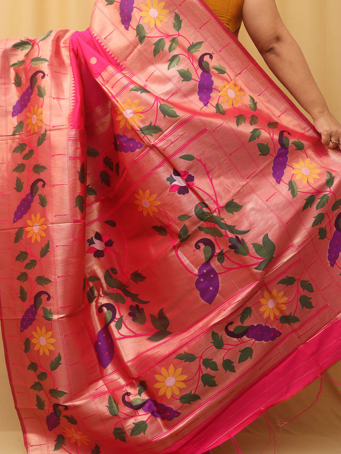 Pink Paithani Silk Bird And Flower Design Saree - divyaindia 