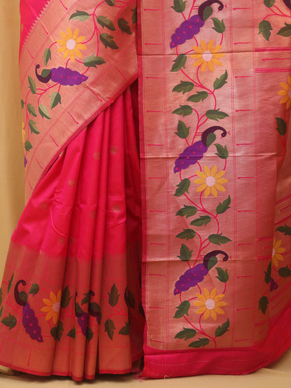 Pink Paithani Silk Bird And Flower Design Saree - divyaindia 