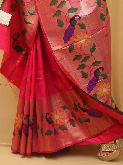 Pink Paithani Silk Bird And Flower Design Saree - divyaindia 