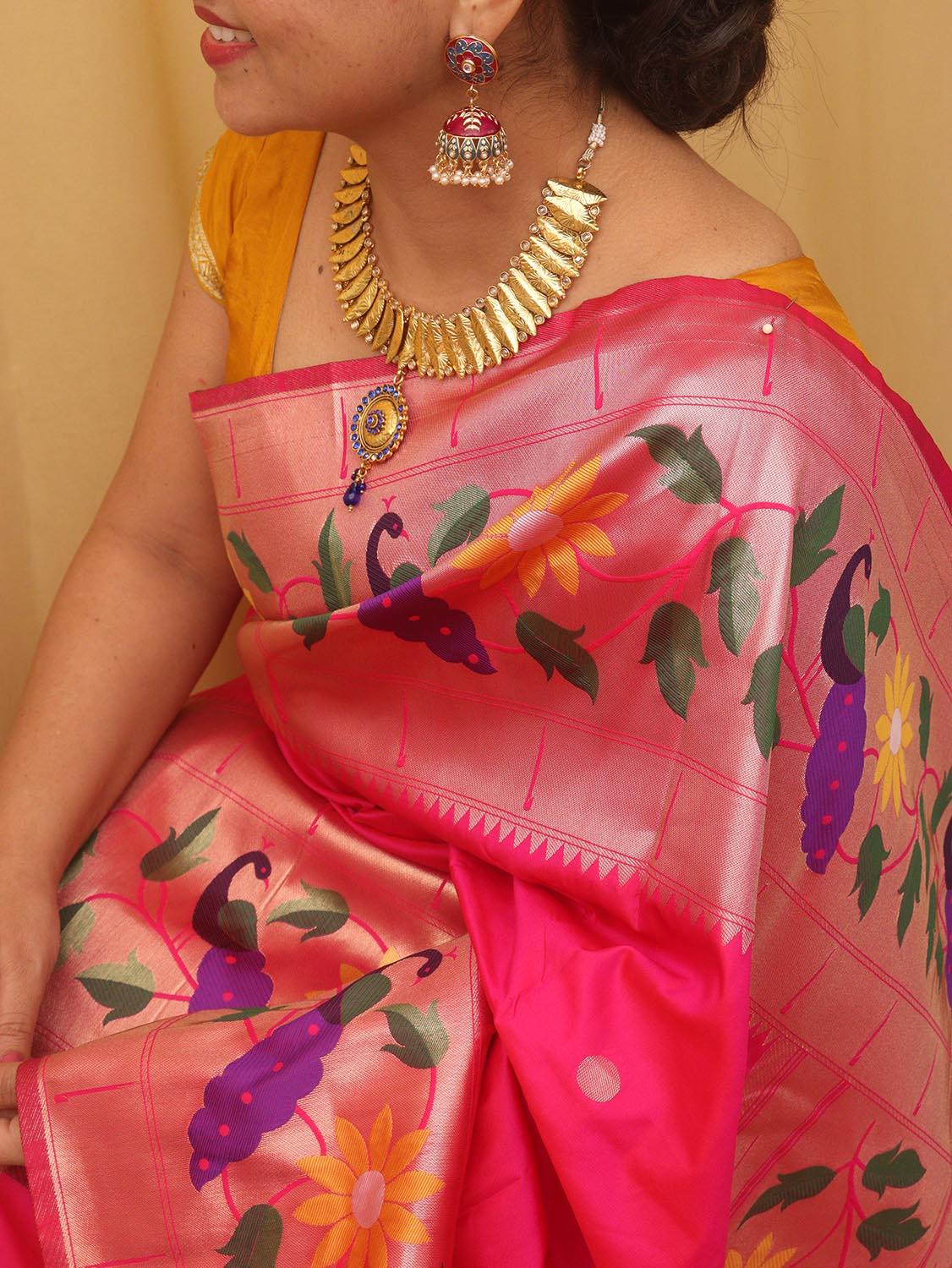 Pink Paithani Silk Bird And Flower Design Saree - divyaindia 