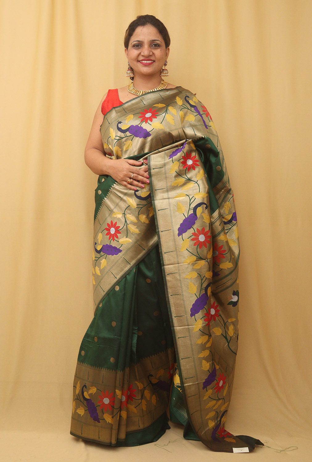 Green Paithani Silk Bird And Flower Design Saree - divyaindia 