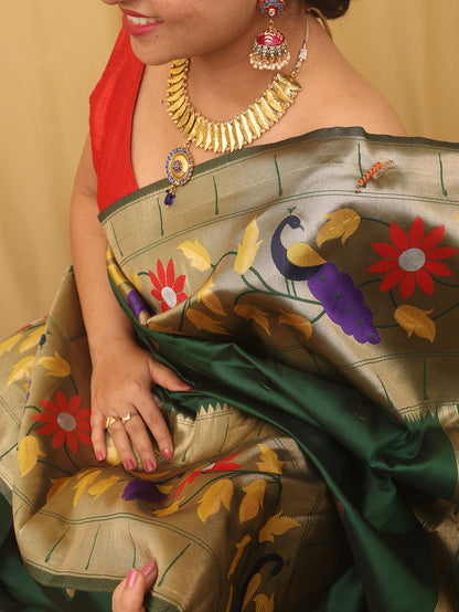 Green Paithani Silk Bird And Flower Design Saree - divyaindia 