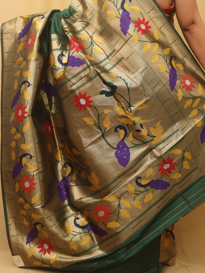 Green Paithani Silk Bird And Flower Design Saree - divyaindia 