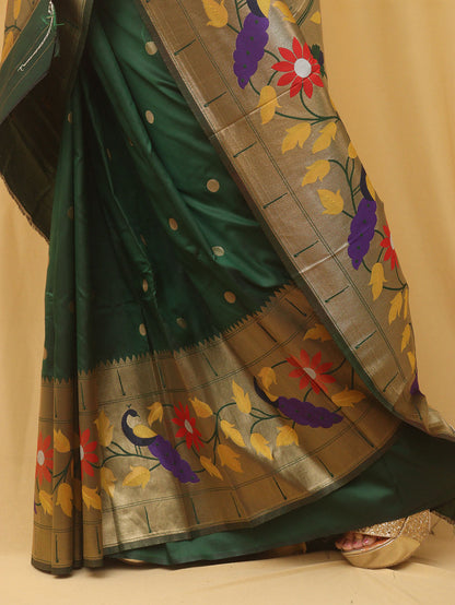 Green Paithani Silk Bird And Flower Design Saree - divyaindia 