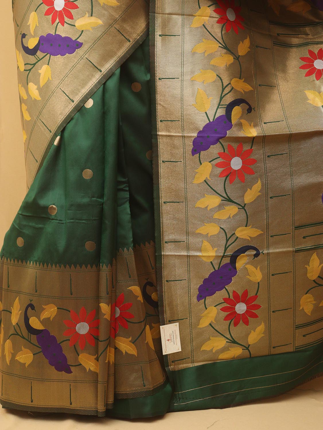 Green Paithani Silk Bird And Flower Design Saree - divyaindia 